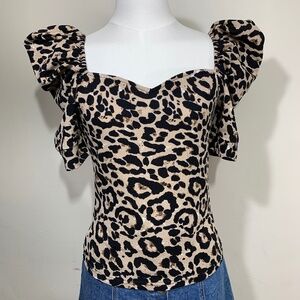 SHEIN Leopard Print Top Womens XS Tan Black Sweetheart Puff Sleeve swtee07200306